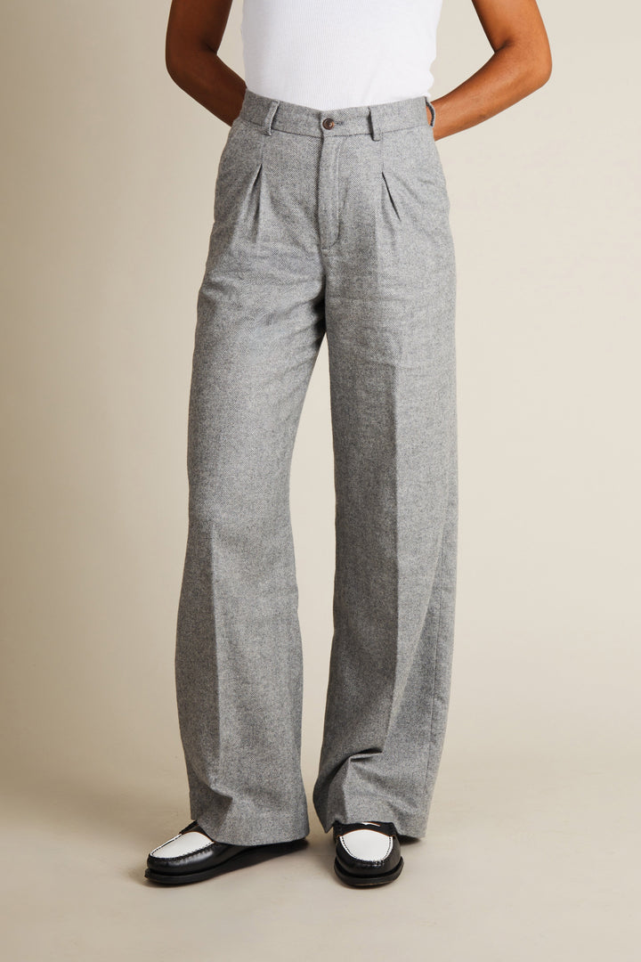 Grey herringbone flannel pleated pants