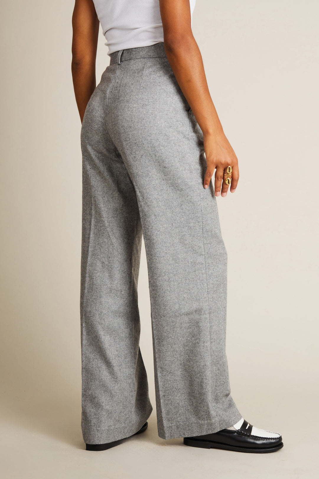 Grey herringbone flannel pleated pants