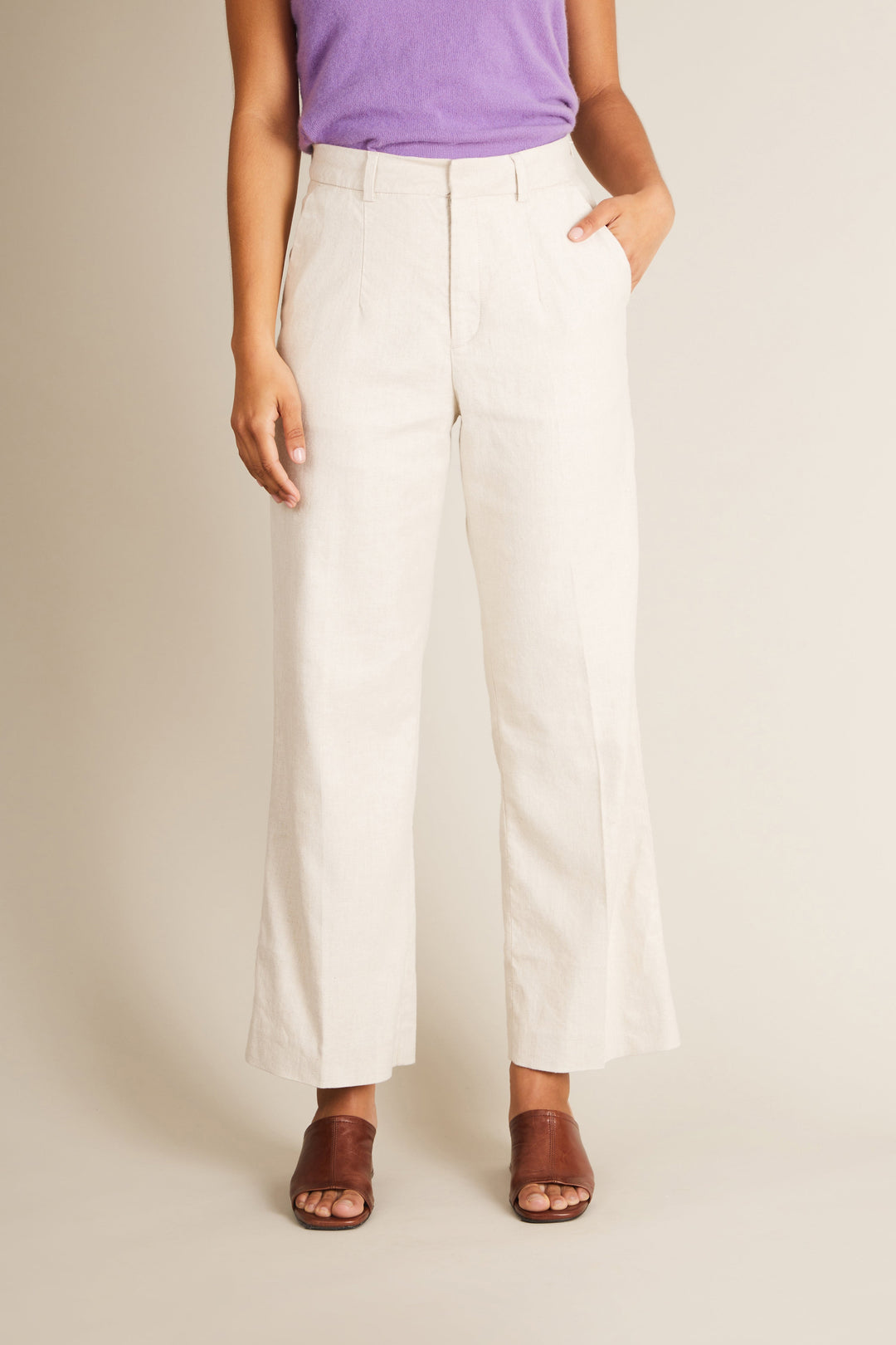 Ecru cotton-linen flared pants