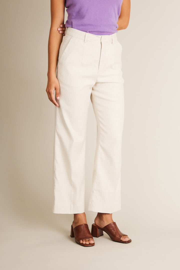 Ecru cotton-linen flared pants