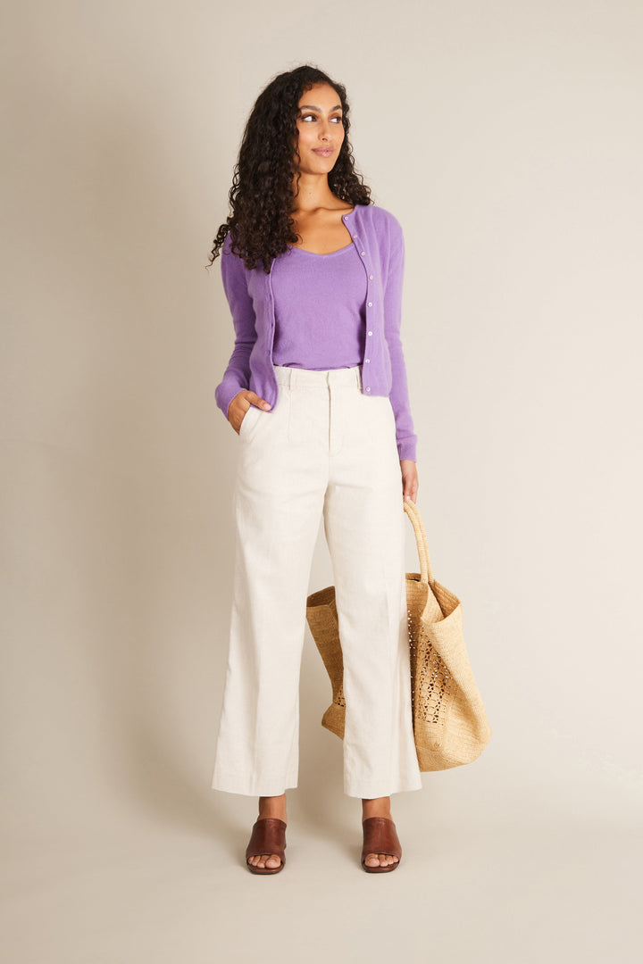 Ecru cotton-linen flared pants